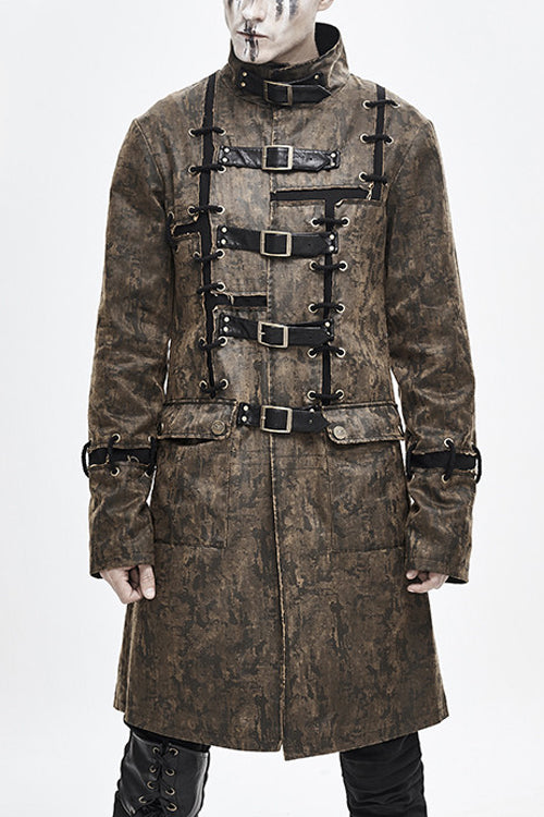 Brown Steampunk Patch Mens Long Leather Coat