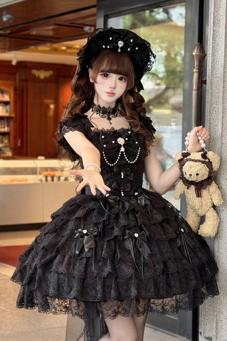 Black [Featherlight Slumber] Square Collar Sleeveless Multi-Layered Bow Lace Pearl-Decorated Gothic Lolita Jsk Dress