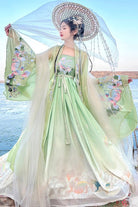Green Tang Dynasty Long Trumpet Sleeves Print Embroidery Sweet Hanfu Dress