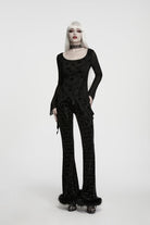 Black Round Collar Long Sleeves Jacquard Lace-Up Asymmetric Women's Gothic Elegant Top