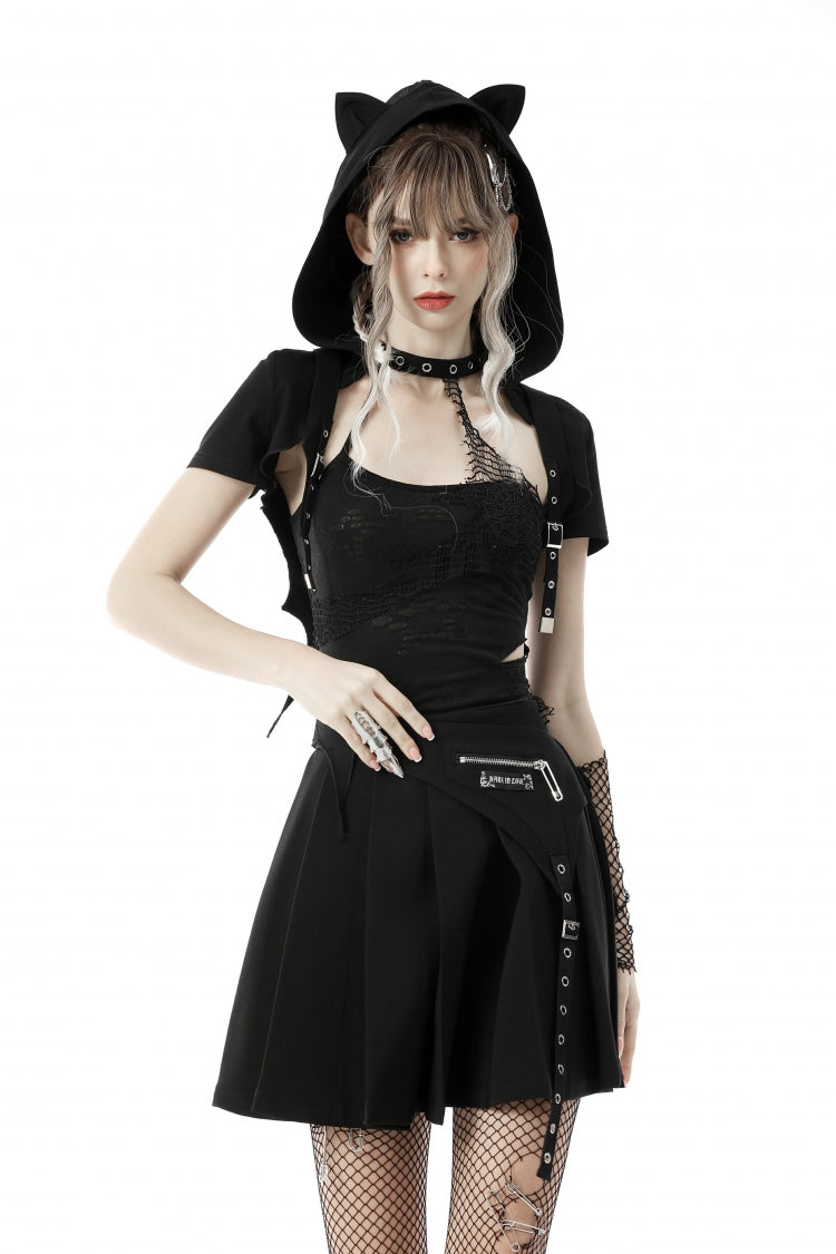 Black Short Sleeves Lace-Up Buckled Women's Punk Cat Ear Hooded Short Cape