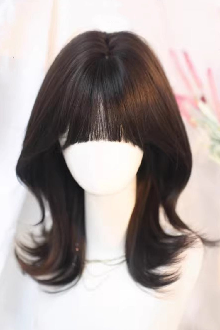 Black Tea Brown Outward Curled Ends Sweet Lolita Wig with Wispy Bangs