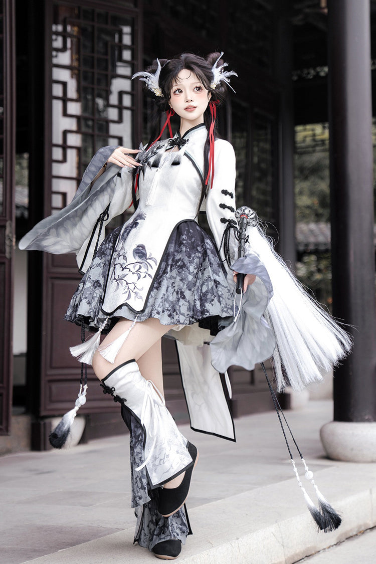 Black/White [Magpie Feather] Stand Collar Shorty High Waisted Printed Embroidered Women's Classic Hanfu Dress Set