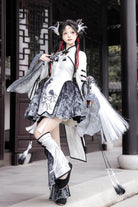 Black/White [Magpie Feather] Stand Collar Shorty High Waisted Printed Embroidered Women's Classic Hanfu Dress Set