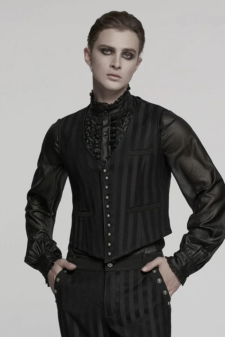 Black V Collar Sleeveless Striped Print Buckle Men's Punk Vest