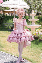 Pink Square Collar Short Sleeves Triple-Layered Ruffle Bowknot Sweet Lolita Dress