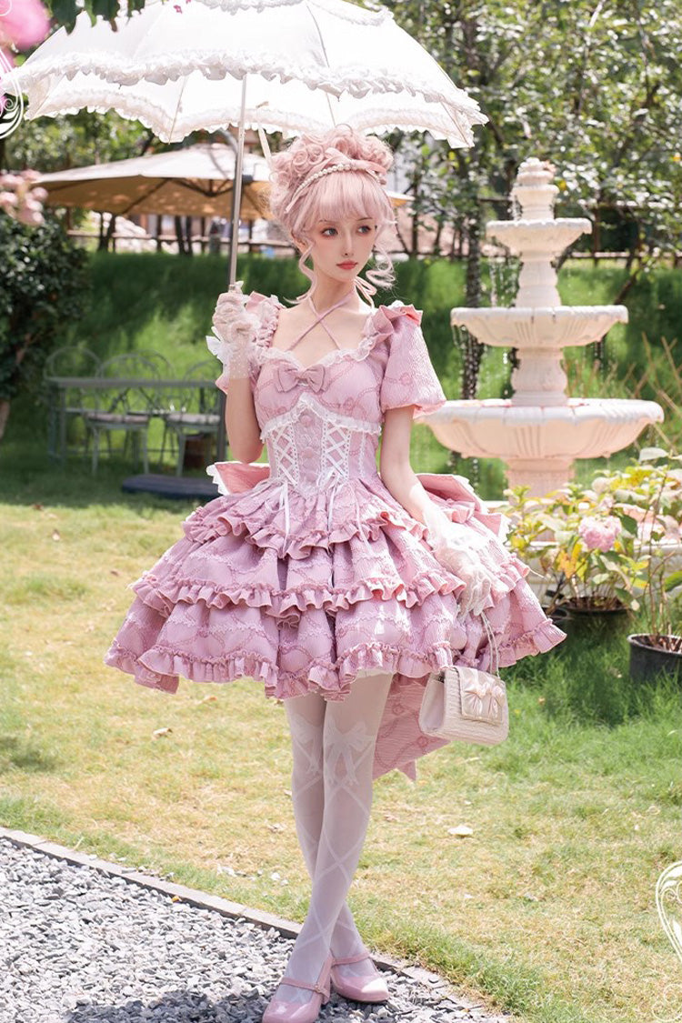 Pink Square Collar Short Sleeves Triple-Layered Ruffle Bowknot Sweet Lolita Dress