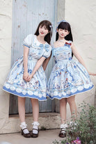 Blue [Penguin Navy] Short Sleeves Print Ruffle Bowknot Sweet Princess Lolita Dress