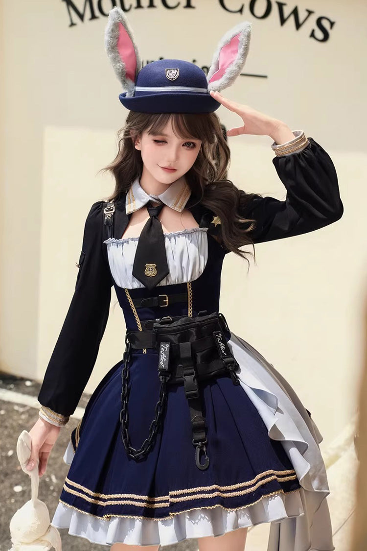 Blue [Rabbit Police Officer] Ruffled Bow Asymmetric College Style Handsome Lolita Jsk Dress