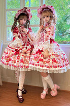 Red/Pink [Sweet Berry Bunny Bear] Half Sleeves Printed Bow Lace Lace-Up Sweet Lolita OP Dress