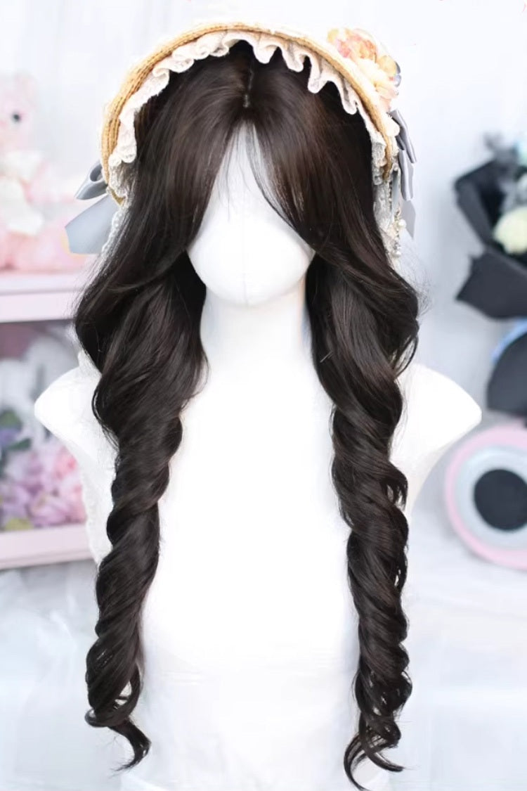 Black Tea Brown Long Curly Wig Light Wispy Bangs Sweet Lolita Style