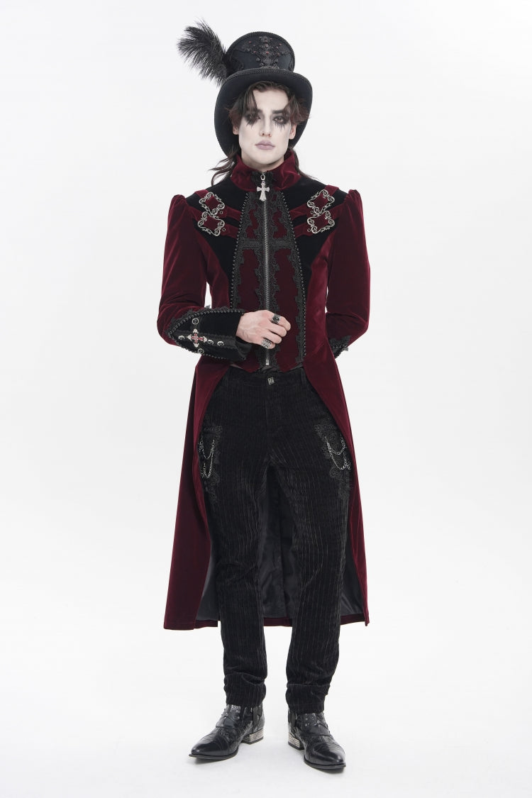 Red Stand Collar Long Sleeves Embroidered Color-Blocked Buckled Zippered Men's Gothic Palace Jacket