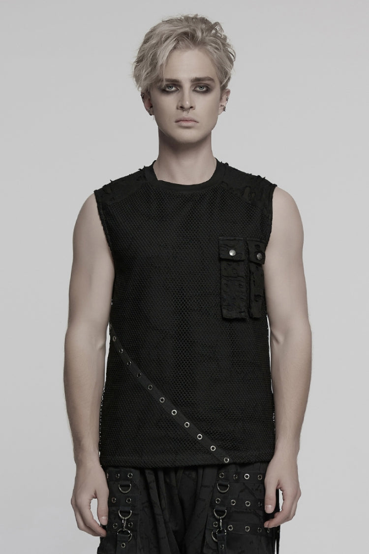 Black Round Collar Sleeveless Stitching Mesh Ripped Men's Punk Vest