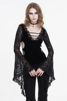 Black Plunging Flared Sleeved Mesh Splice Women's Punk Shirt