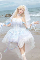 Sea Blue [Mermaid’s Tears] Sleeveless Ombre Printed Hanayome Pearl-Decorated Sweet Lolita Jsk Dress Set