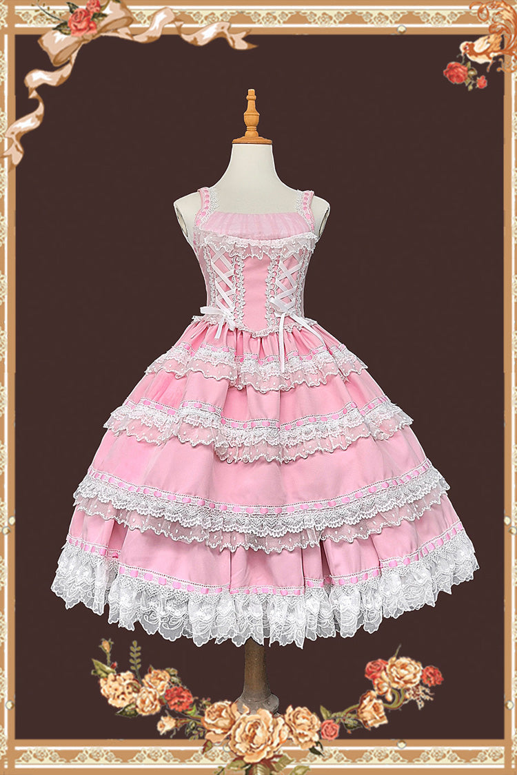 Pink/White [Doll in the Mirror] Square Collar Sleeveless Ruffled Lace-Up Sweet Lolita Jsk Dress