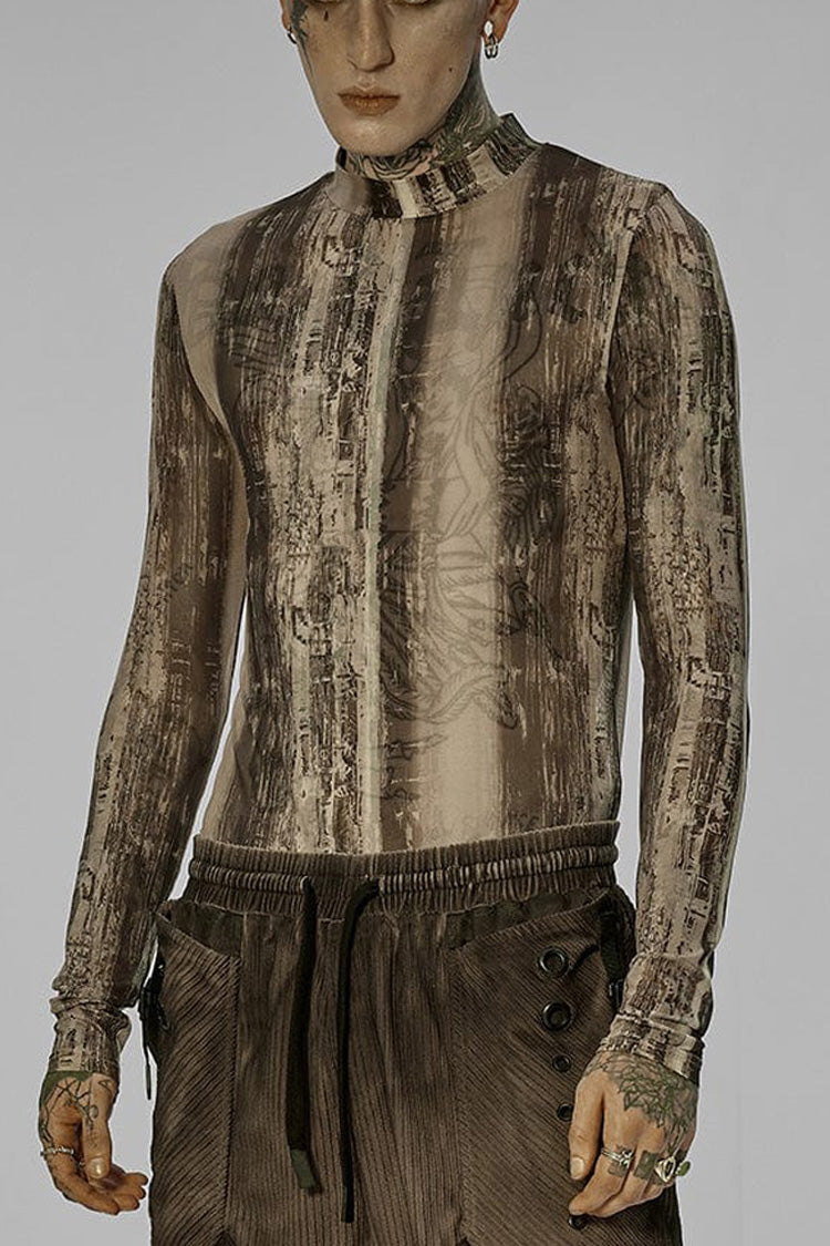 Black/Yellow Punk High Collar Technology Sense Printing Elasticity Tight Long Sleeves Men's Shirt