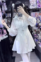 White Shawl Lace Chiffon Long Sleeves Lace Slim Jirai Kei Dress