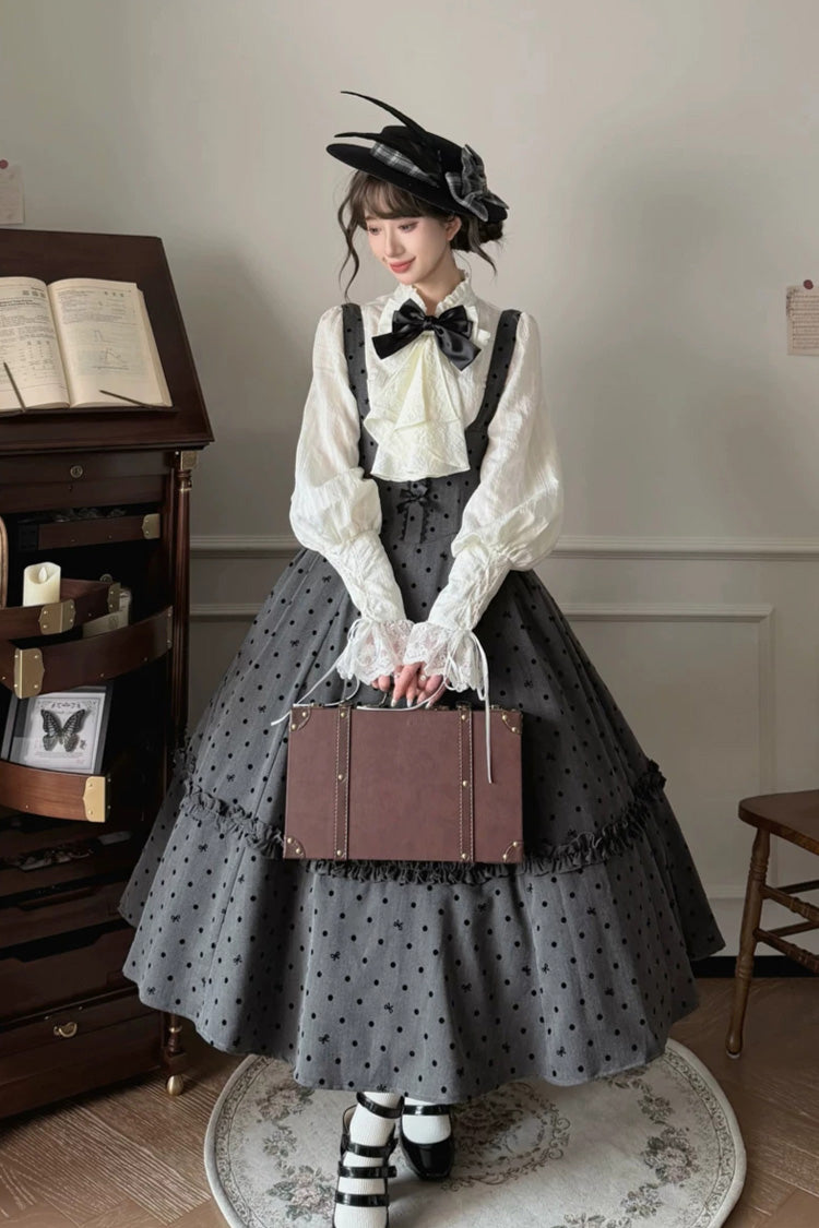 Black [Chapter Seven] Polka Dots Printed Fishbone Classic Elegant Princess Lolita Strap Dress
