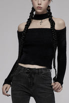 Black Knitted Tight Hollow-Carved Design Metal Cross Decoration Long Sleeve Women's Punk Top