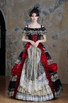 Black/Red Off Shoulder Short Sleeves Multi-Layered Ruffled Open-Front Mesh Gothic Vintage Palace Lolita Victorian Dress