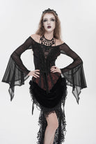 Black/Red Off Shoulder Long Trumpet Sleeves Ruffled Embroidered Lace-Up Women's Gothic Blouse