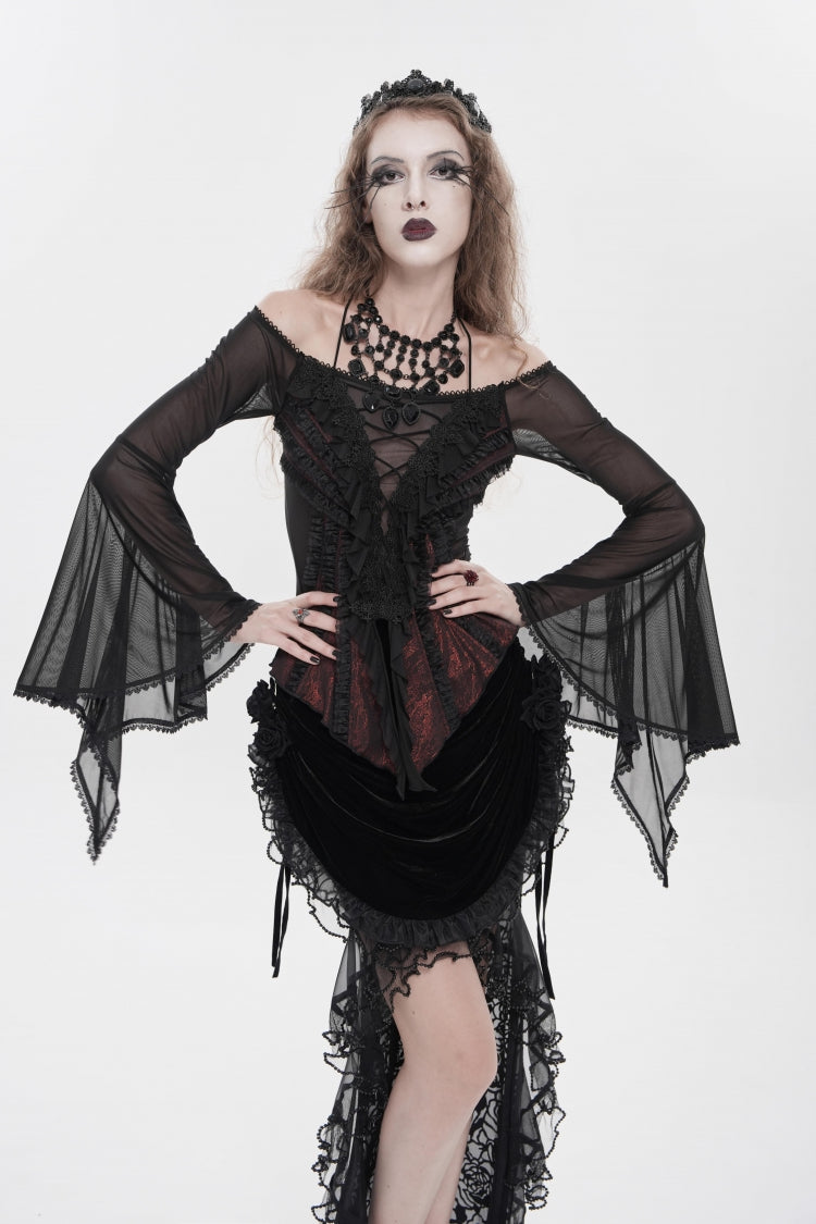 Black/Red Off Shoulder Long Trumpet Sleeves Ruffled Embroidered Lace-Up Women's Gothic Blouse