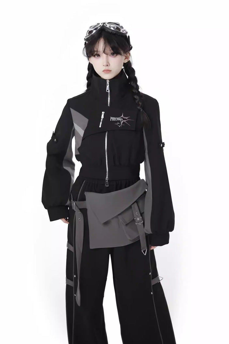 Black [Holographic Cruise] Techwear Long Sleeves Spliced Zippered Gothic Jirai Kei Pants and Short Coat Set