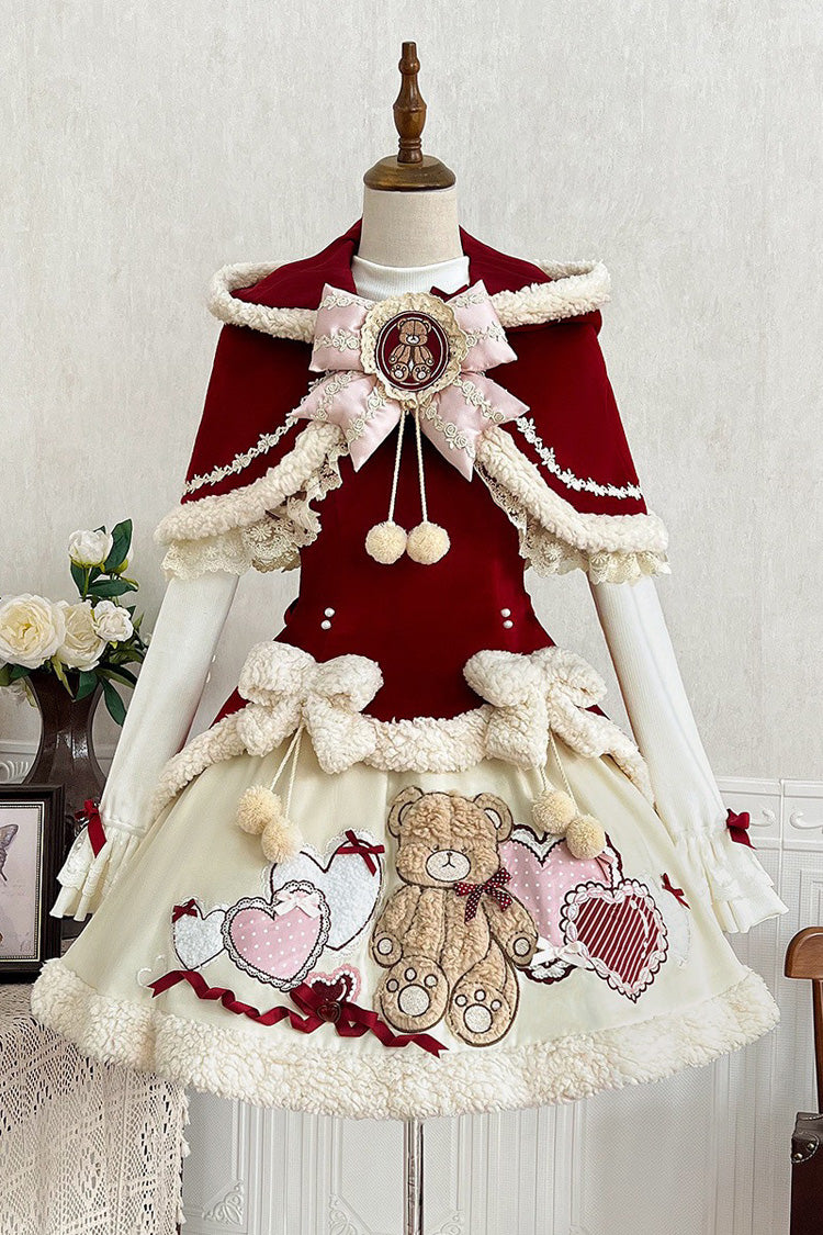 Red/Beige [Heart Bear] Embroidered Sweet Lolita Jsk Dress Set