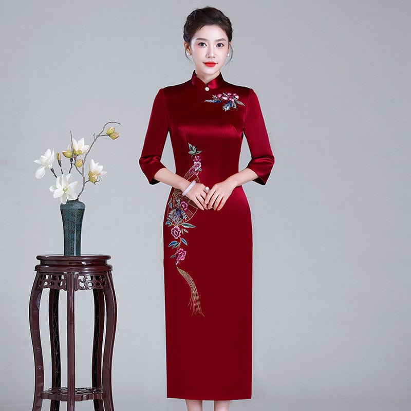Floral Embroidery Bespoke Long Qipao for Mothers | Acetate Satin Cheongsam