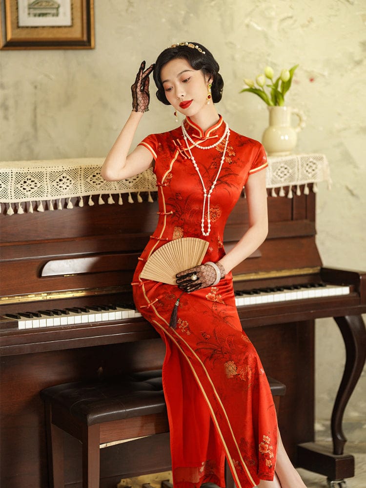 19 mome natural silk, High-end long Qipao for Tea Ceremonies