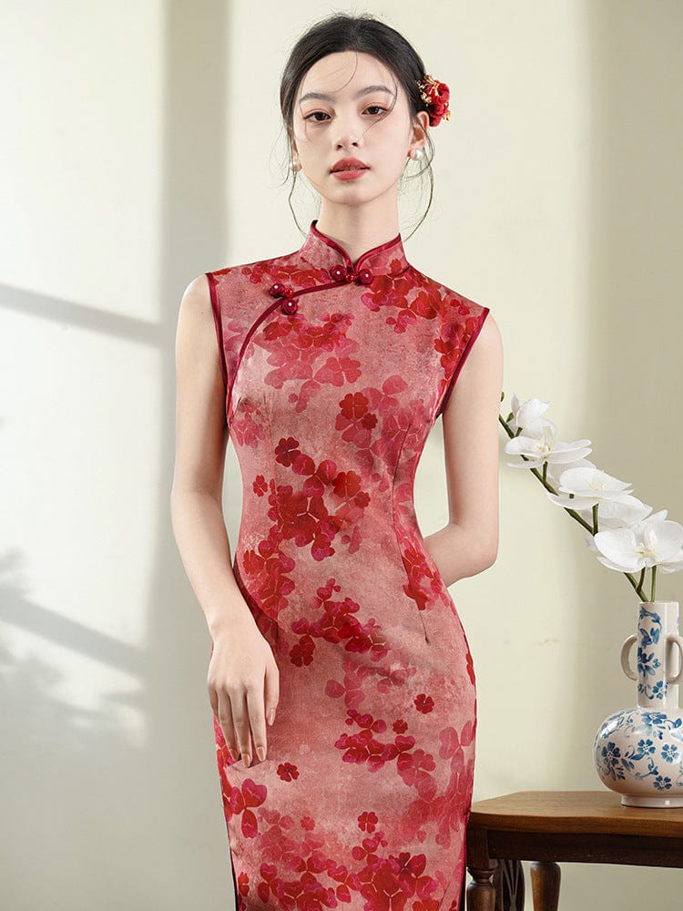 Sleeveless, floral pattern, red mid-length Cheongsam