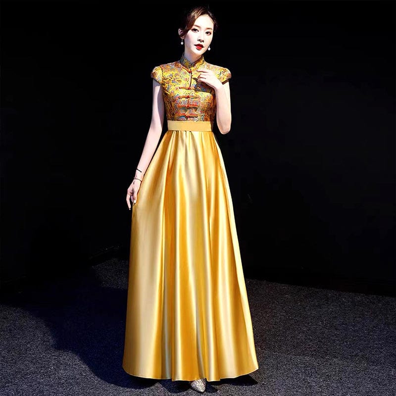 Customizble Floral Embroidery, Floor Length Cheongsam With Cap Sleeves