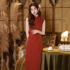 Stripe pattern, cotton mid-length Cheongsam