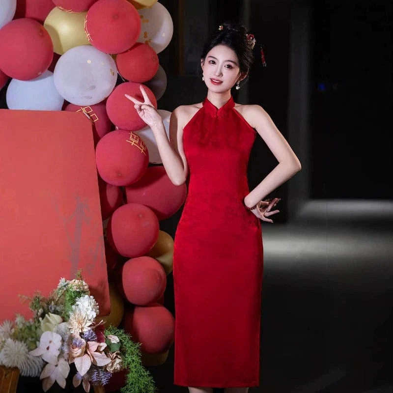 New Chinese style (新中式), halter red midi Cheongsam