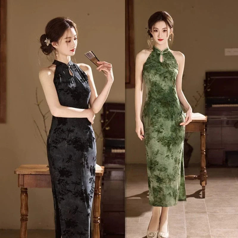 Flocking fabric, floral midi Cheongsam