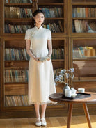 Floral pattern, beige&red midi Ao dai