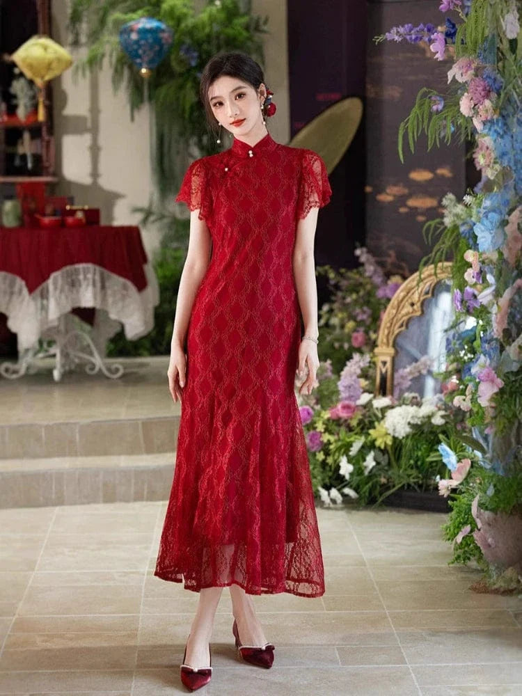 Lace fabric, wine red wedding mermaid Cheongsam
