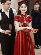 Floral embroidery, A line burgundy long Cheongsam