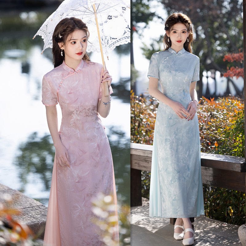 Tencel linen fabric, light blue&pink long Ao dai