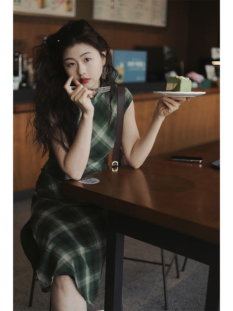 Chinese retro style, plaid pattern, cotton midi Cheongsam