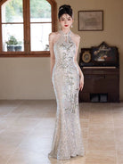 Sequins fabric,  champagne long Cheongsam