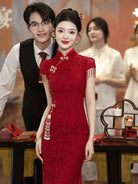 Floral pattern, wine red, lace mid-length Cheongsam