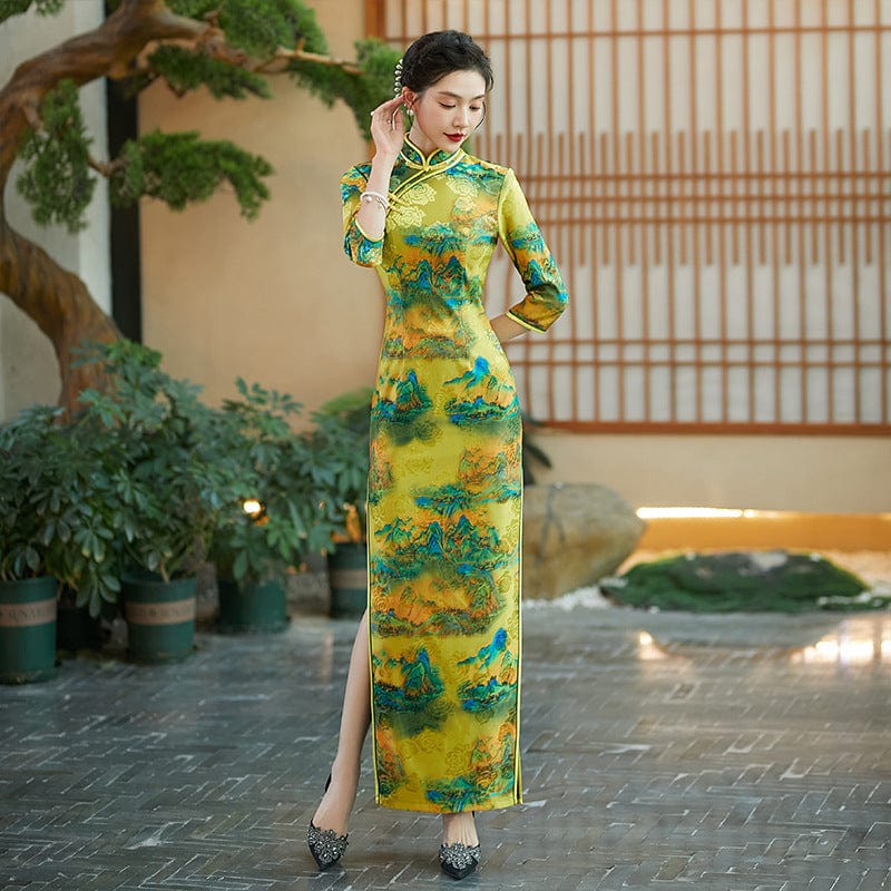 Thousand Miles of Mountains and Rivers pattern, plus size long Cheongsam
