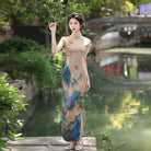 Landscape pattern, brown long plus size Cheongsam