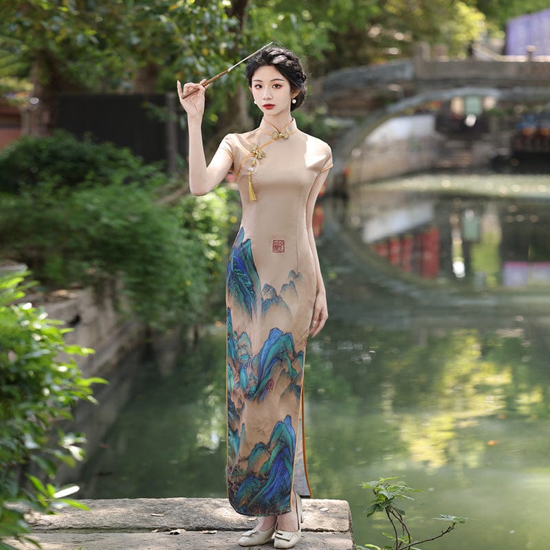 Landscape pattern, brown long plus size Cheongsam