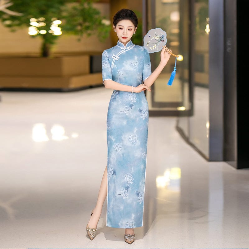 Classical Cheongsam, jacquard satin fabric, blue long Qipao