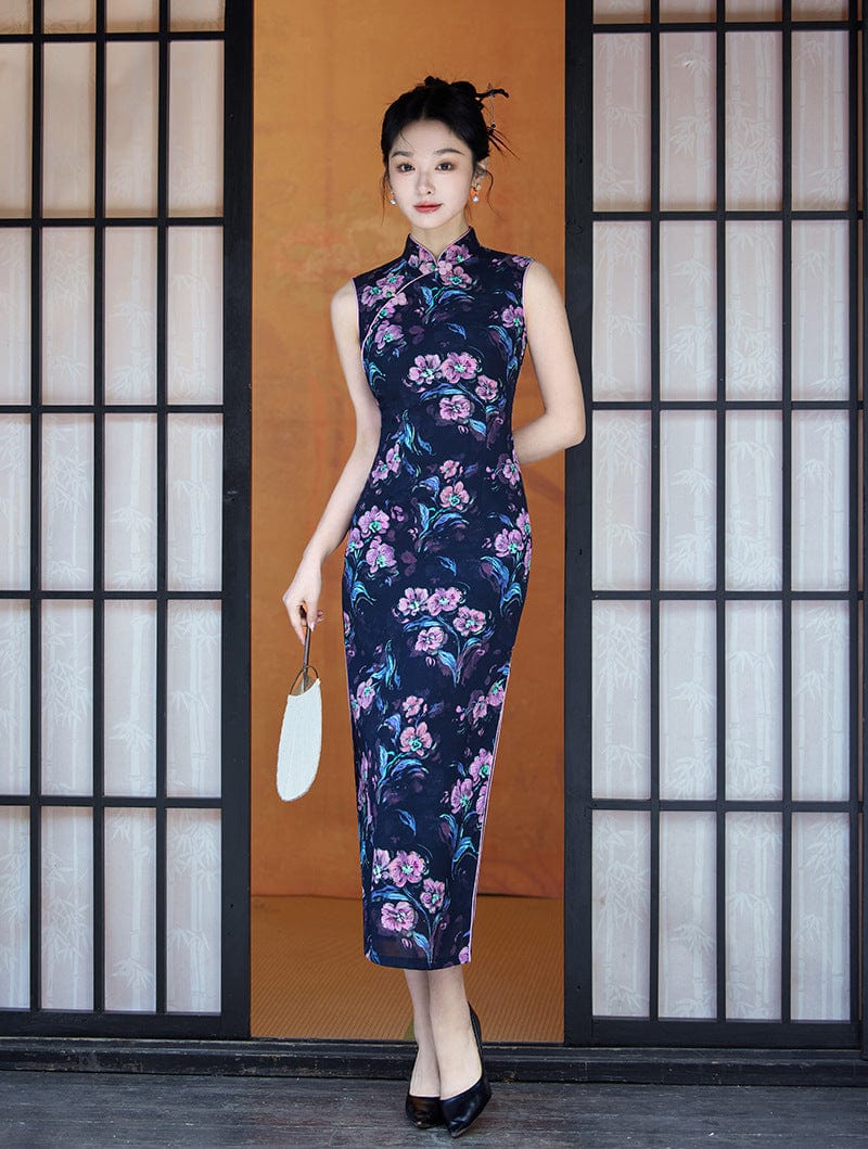New Chinese style (新中式), floral pattern, blue midi Cheongsam