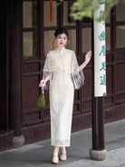 Summer and fall collection, white lace midi Qipao set