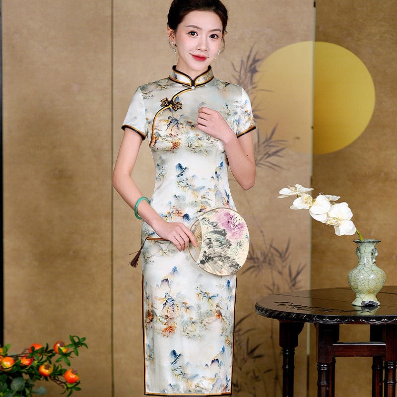 19 mome mulberry silk, high-end, thousand Miles of Mountains midi Cheongsam
